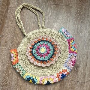 Round multicolor straw/raffia floral crochet purse/tote beach bag